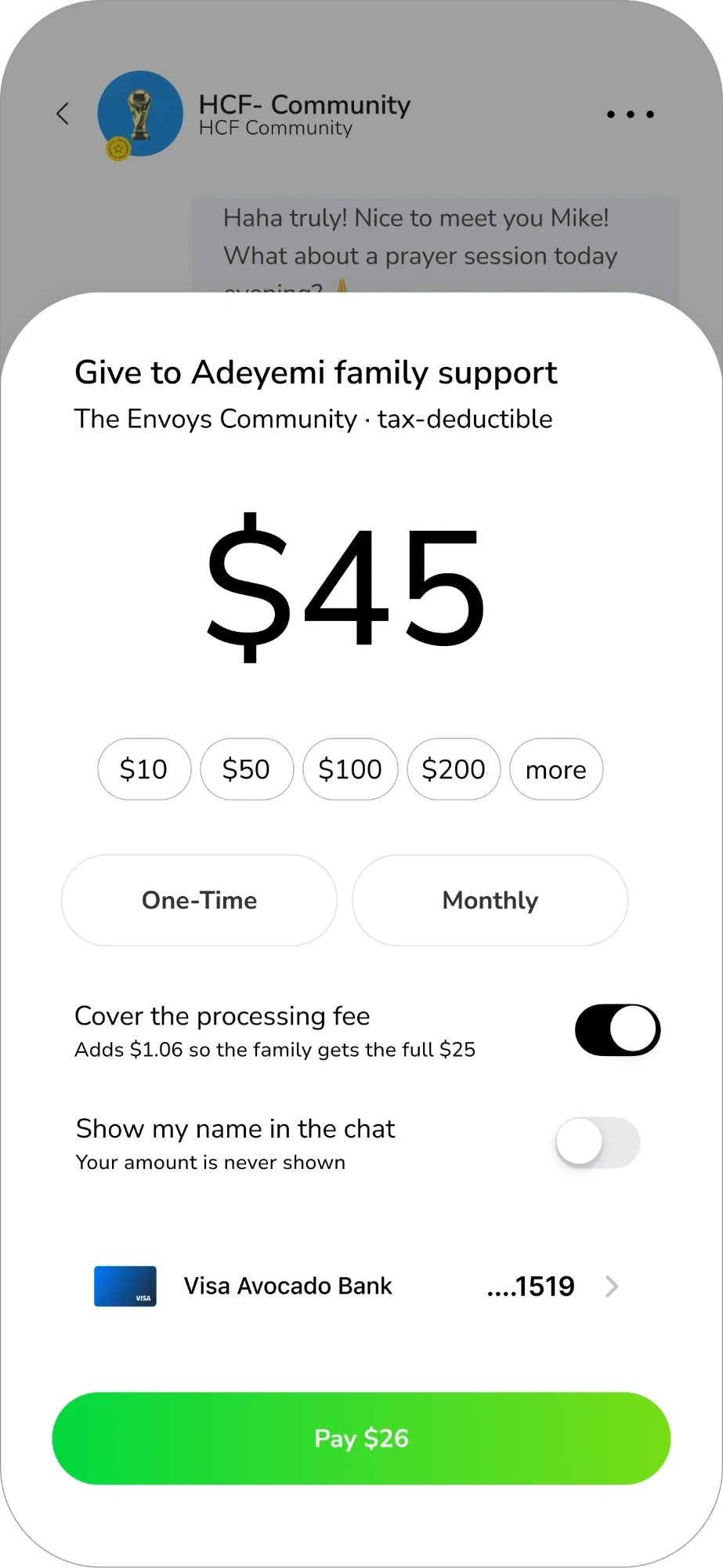 A give sheet in the chat: $45 to Adeyemi family support, with cover the processing fee switched on and a Pay $26 button