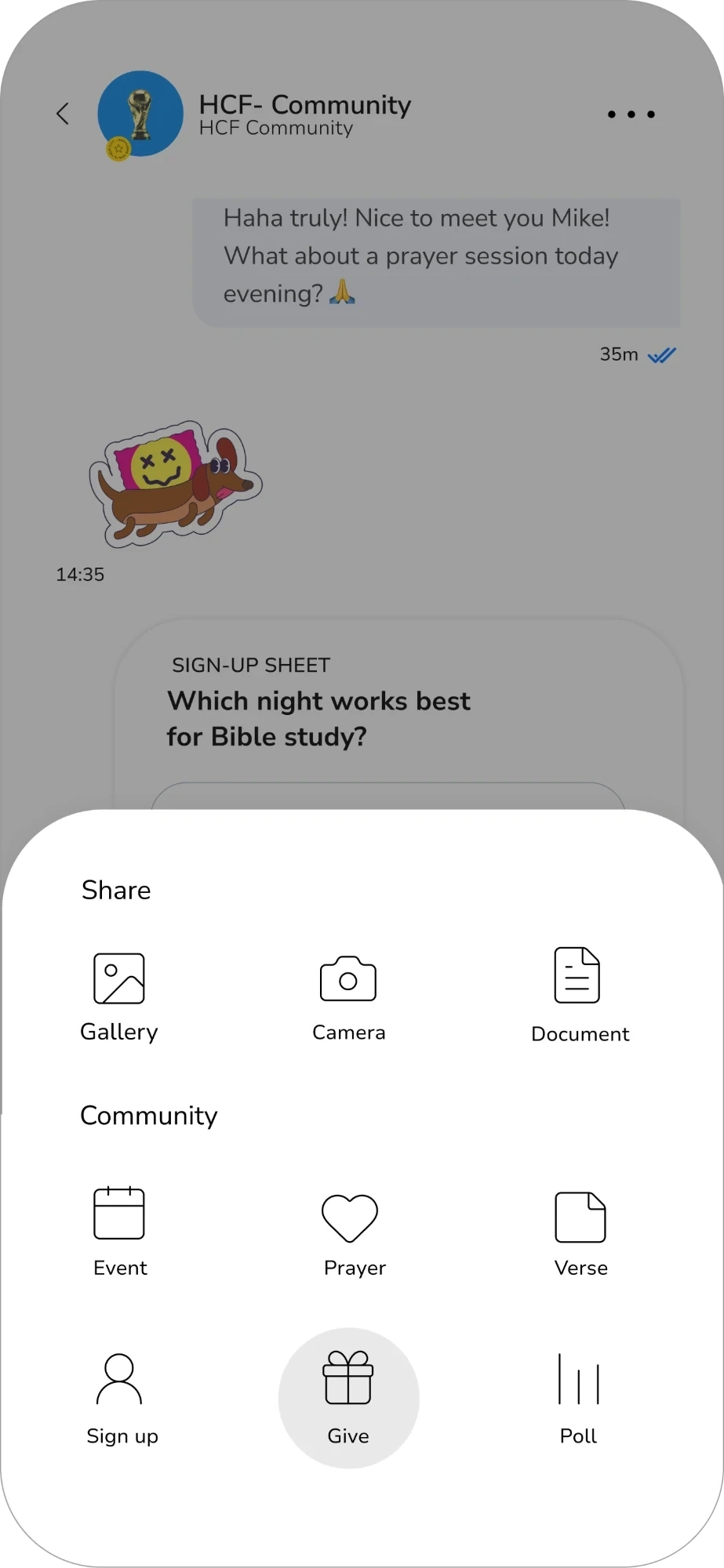 A group chat's share menu, with Give highlighted among options like Gallery, Event and Prayer