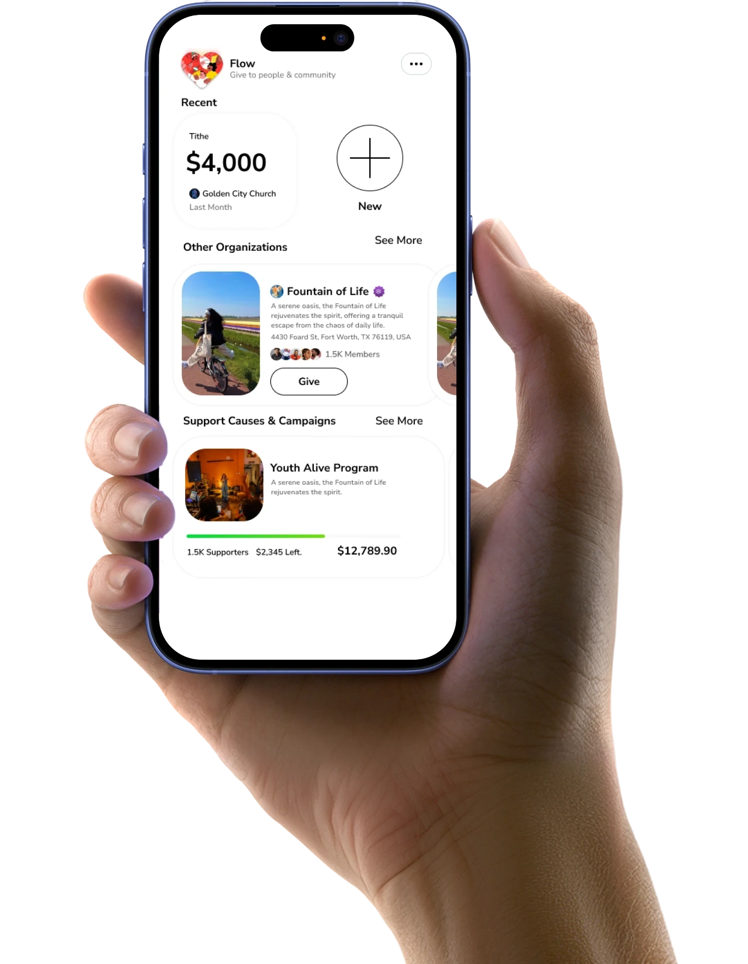The HumDov app's giving screen on a phone, showing a $4,000 balance, other organizations and a youth program campaign