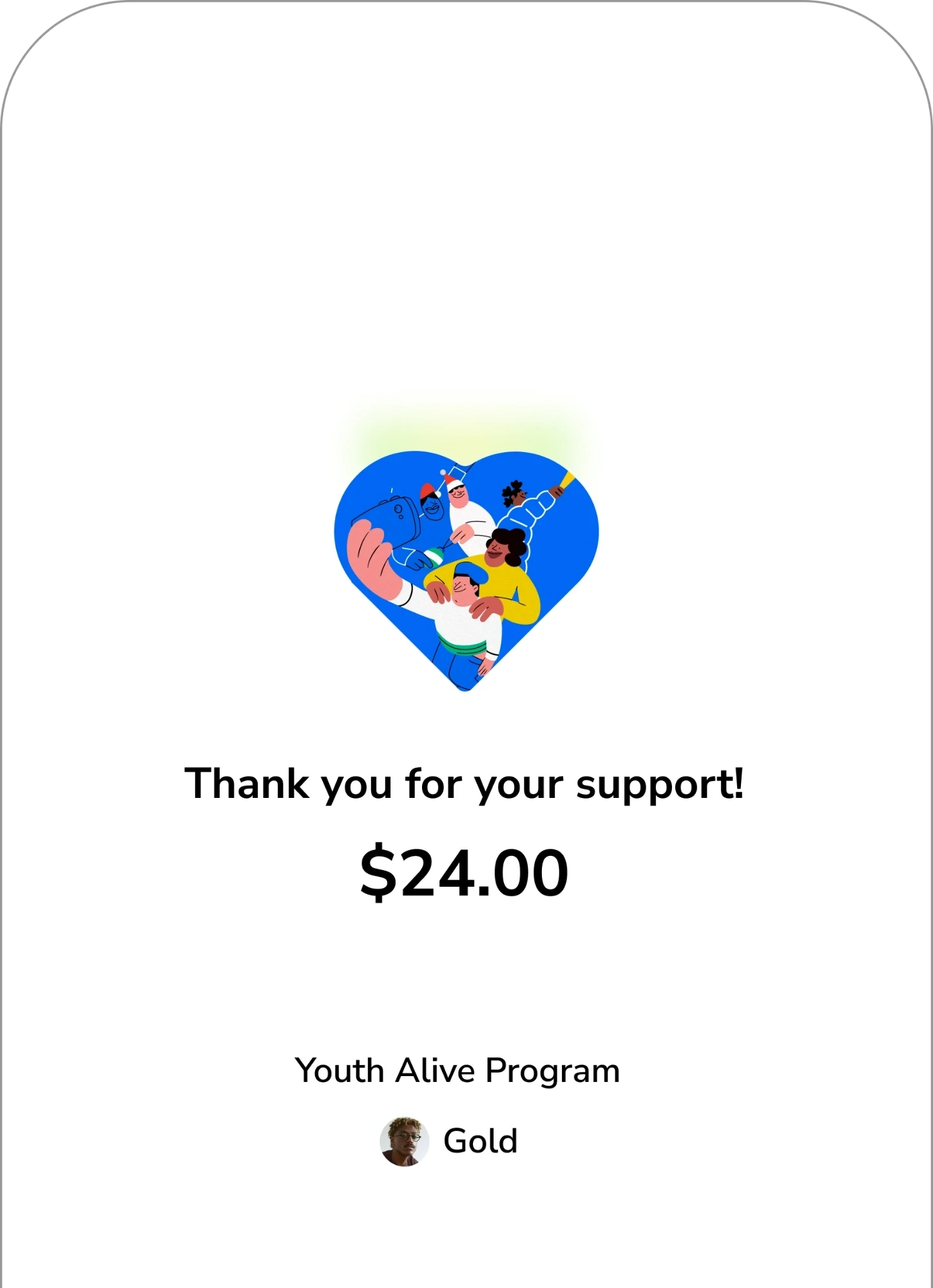 A thank-you screen for a $24.00 gift to the Youth Alive Program
