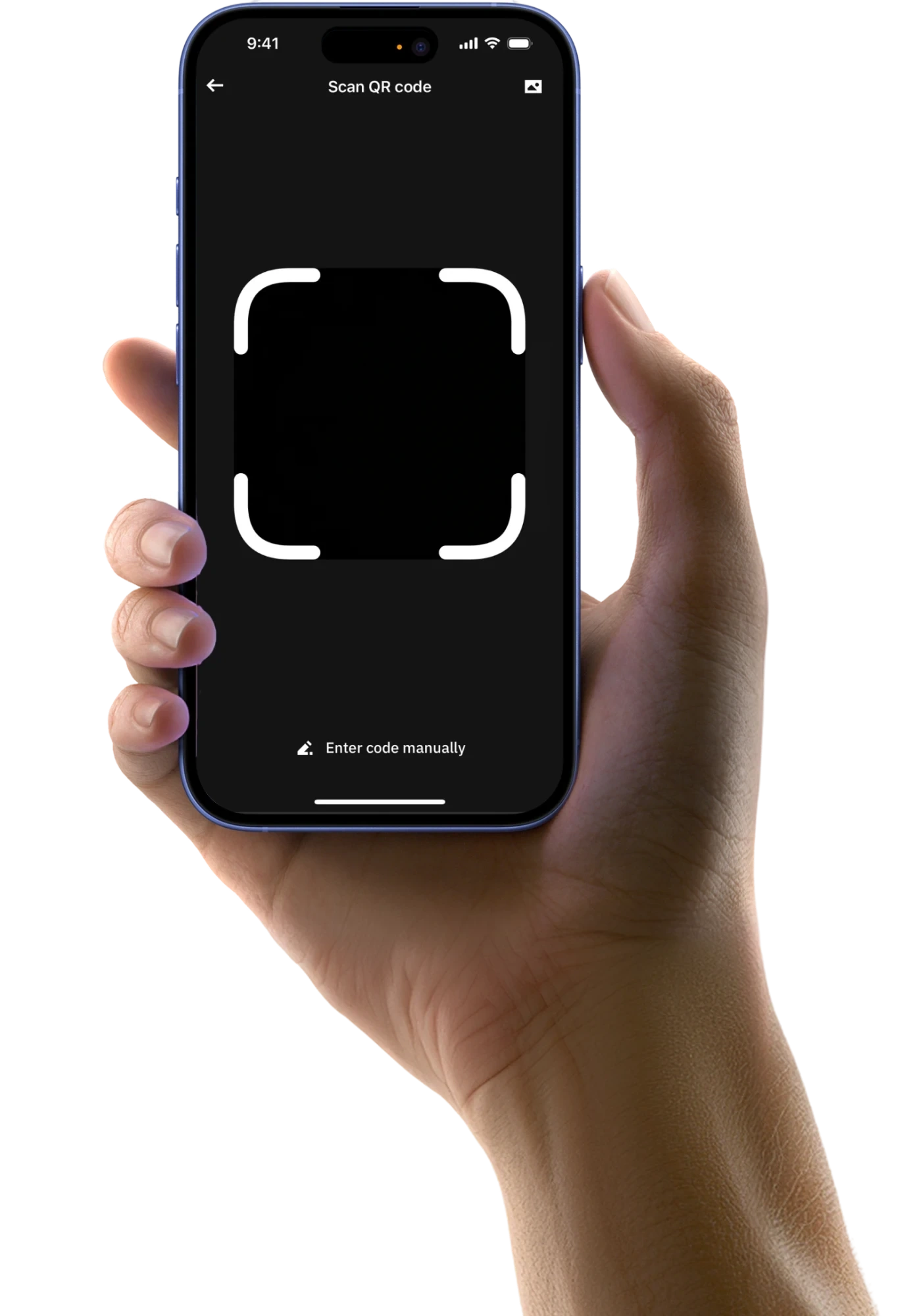 A hand holding up a phone showing the Scan QR code screen